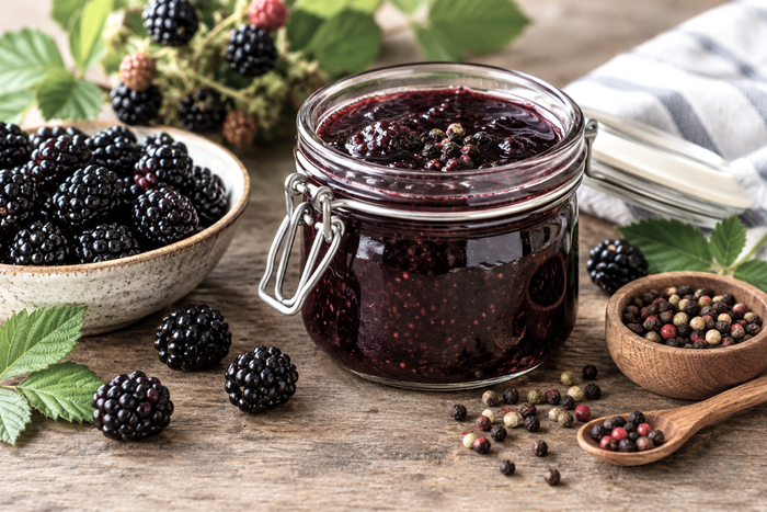 Frische-selbst-gemachte-Brombeeren-Pfeffer-Marmelade-im-Drahtbügelglas-als-Flaschenbauers-Rezept