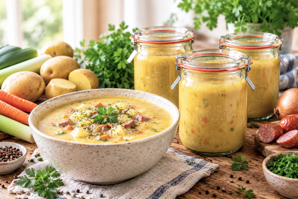 Selbst gekochte Kartoffelsuppe mit Wurst für den Vorrat Eingekocht in WECK-Gläser