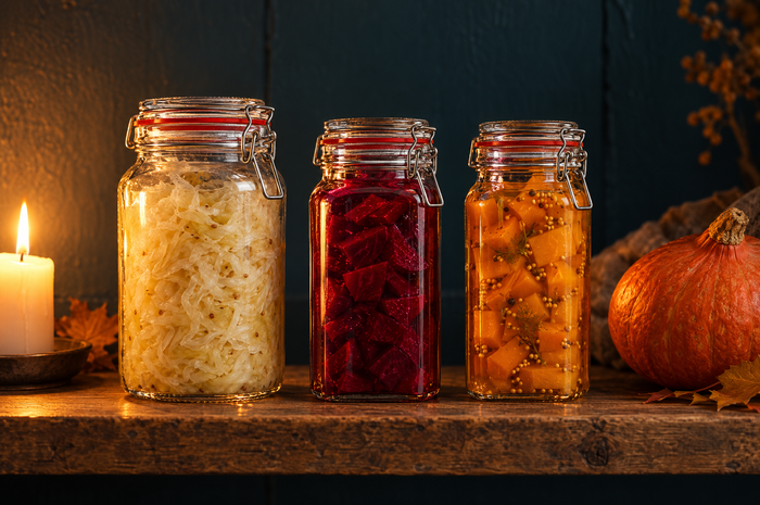 Selbstgemachtes Sauerkraut im Drahtbügelglas 2590 ml neben Roter Bete und Kürbis bei Kerzenlicht