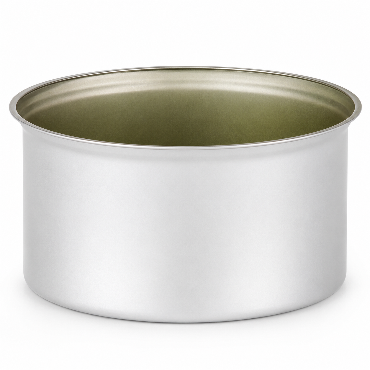Offene Aluminiumdose mit 73 mm Durchmesser und 33 mm Höhe, silberfarbener Oberfläche und glattem Dosenkörper auf weißem Hintergrund.