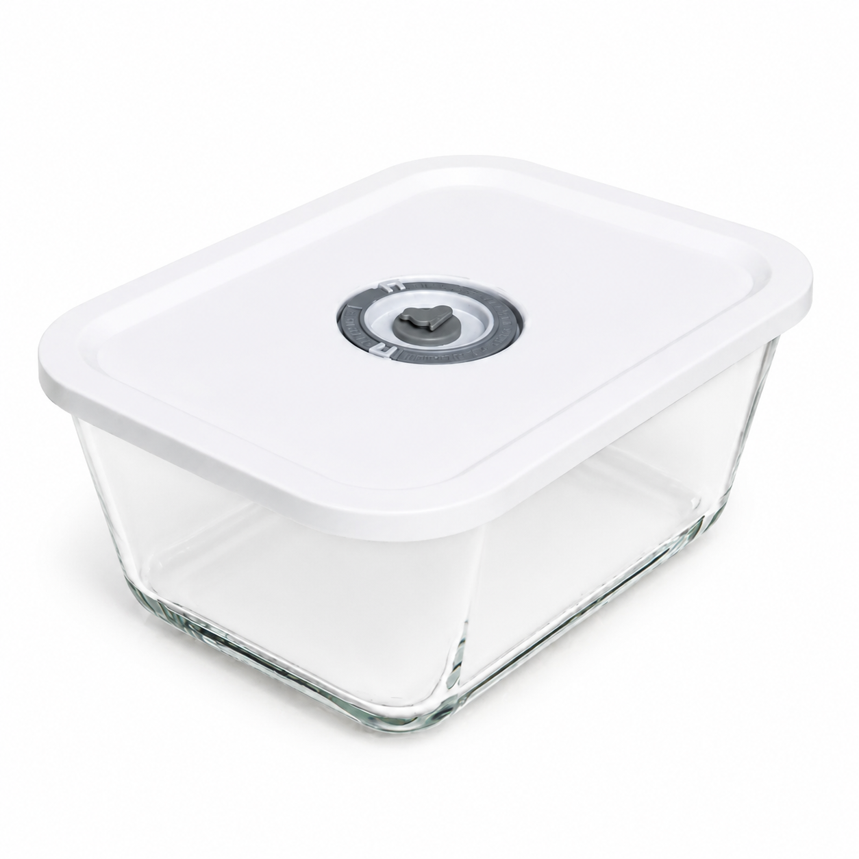 AnySeal-Glasbox 800 ml mit weißem Deckel und dunkelgrauem Vakuumventil, freigestellt auf weißem Hintergrund