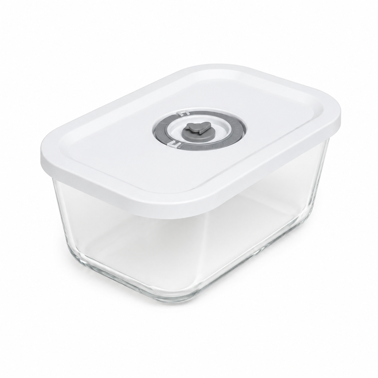 AnySeal-Glasbox 800 ml mit weißem Deckel und grauem Vakuumventil, freigestellt auf weißem Hintergrund