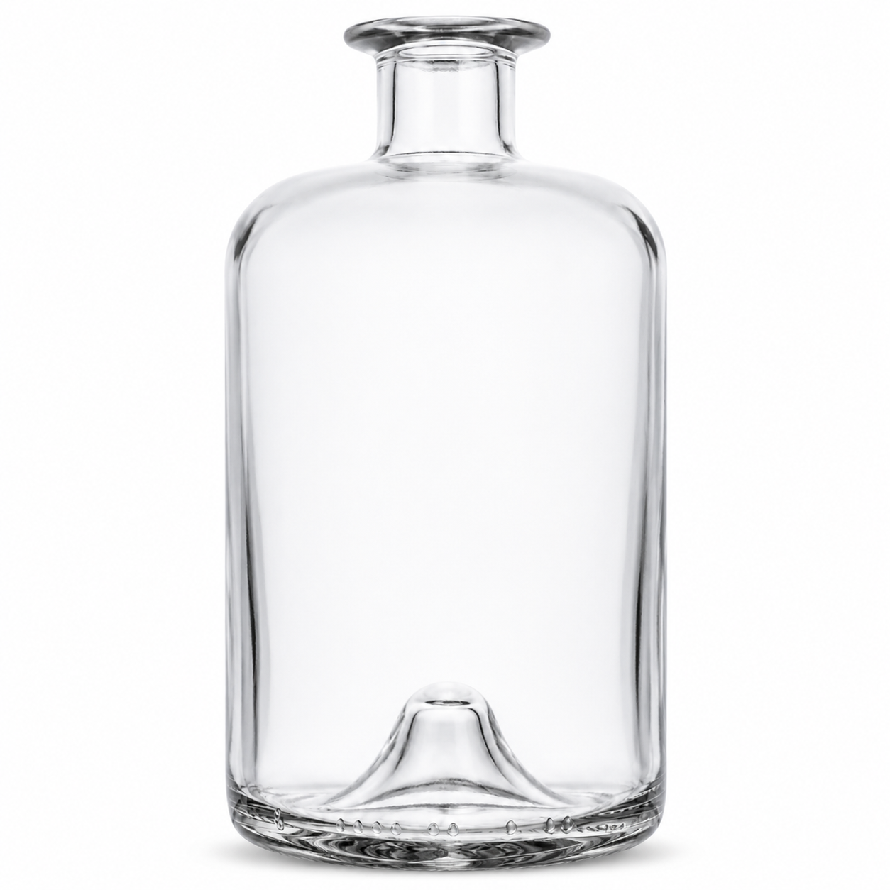 Freigestellte, klare Apothekerflasche mit breitem zylindrischem Körper, abgerundeten Schultern, Tellerrandmündung und ausgeprägter Bodenwölbung auf weißem Hintergrund.