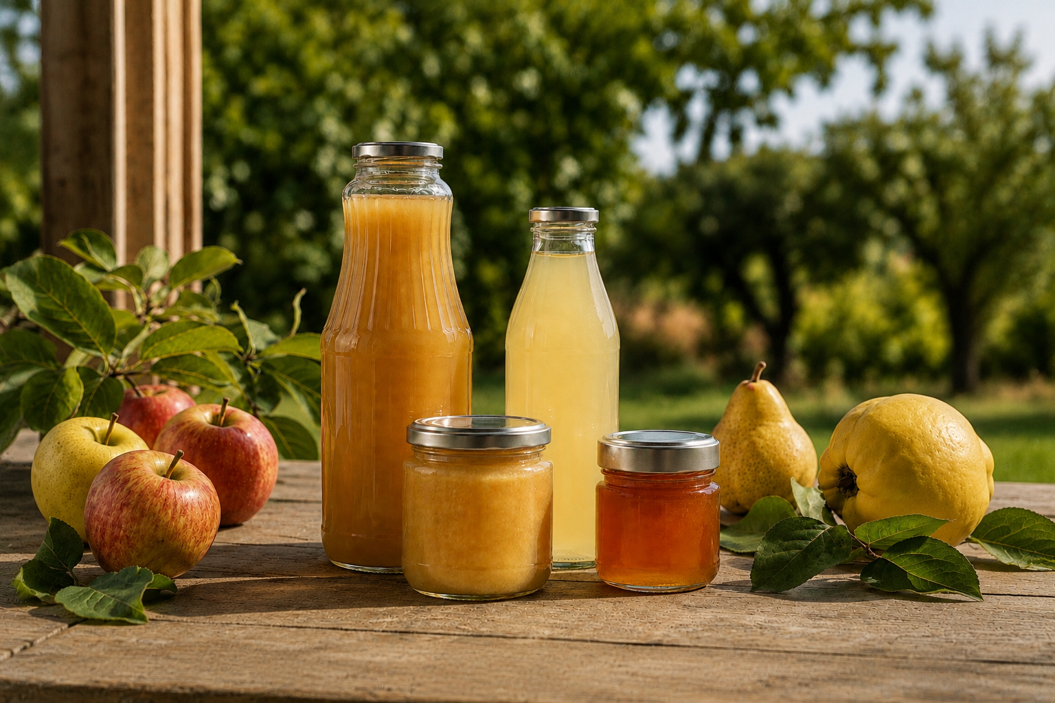 Zwei Glasflaschen und zwei Schraubgläser mit naturtrüben Säften und Fruchtzubereitungen, umgeben von Äpfeln, Birnen und Quitten auf einem Holztisch im sonnigen Obstgarten
