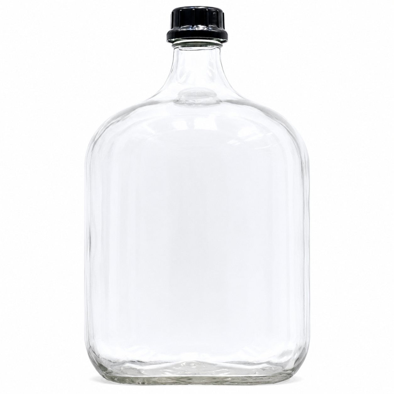 Freigestellte Ballonflasche 25 l mit schwarzem Verschluss und abgerundetem Glasboden