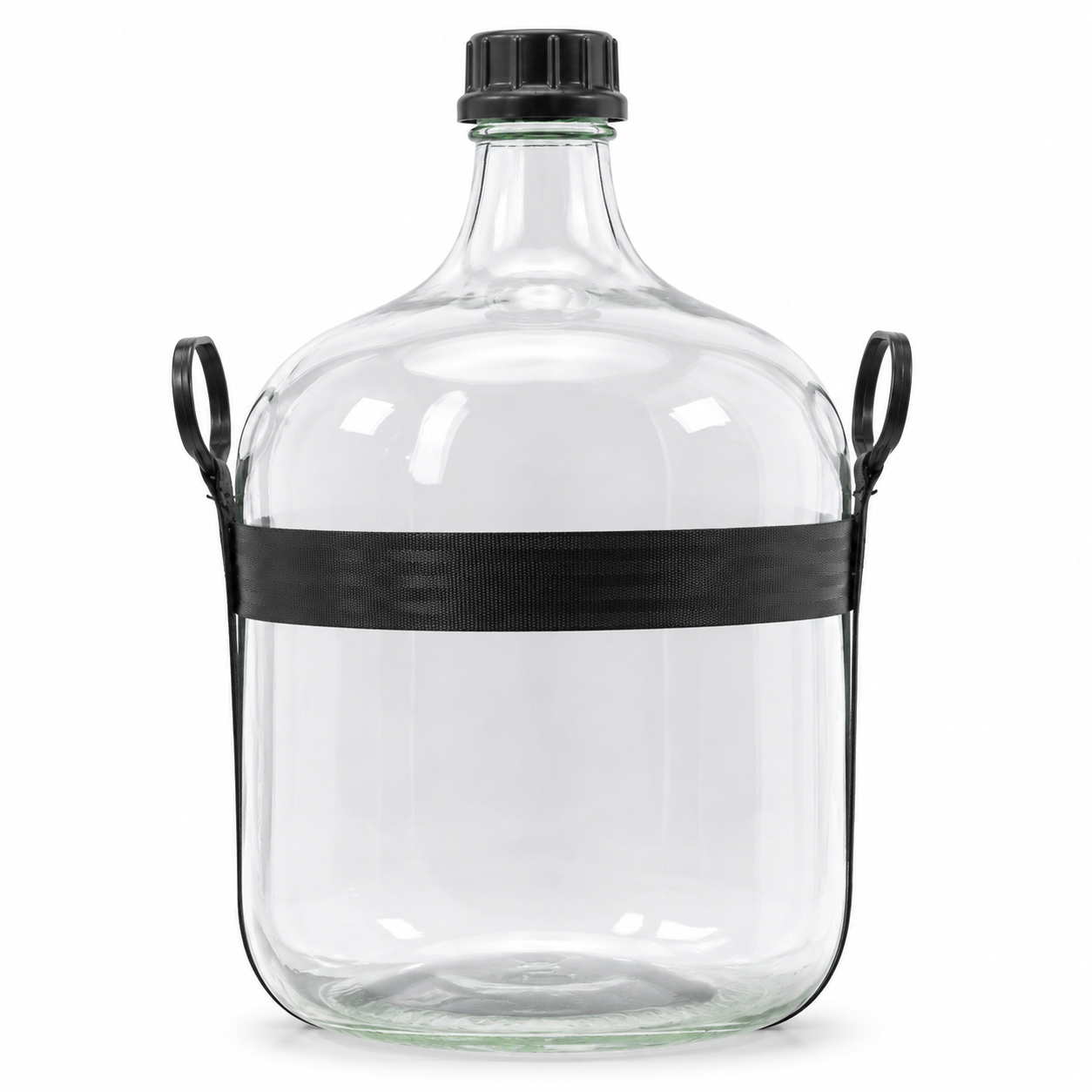 Klare Ballonflasche 25 l mit schwarzem Tragegurt und Schraubverschluss auf weißem Hintergrund