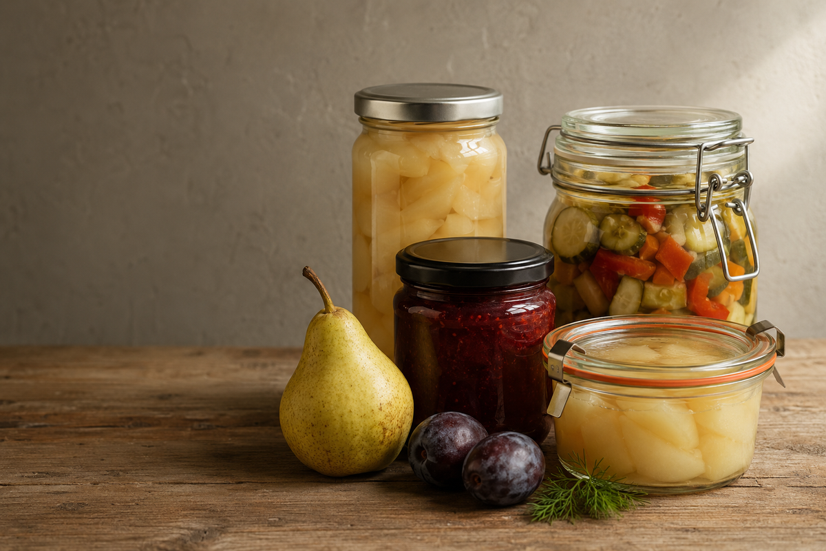 Verschiedene Einmach- und Drahtbügelgläser mit Obst, Marmelade und eingelegtem Gemüse auf einem Holztisch