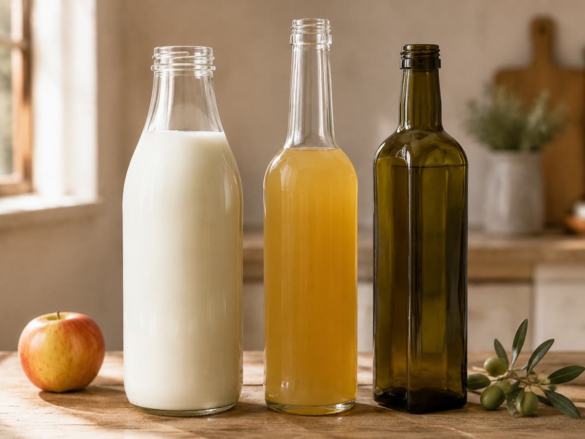 Drei Glasflaschen für Milch, Apfelsaft und Olivenöl, dekoriert mit einem Apfel und einem Olivenzweig