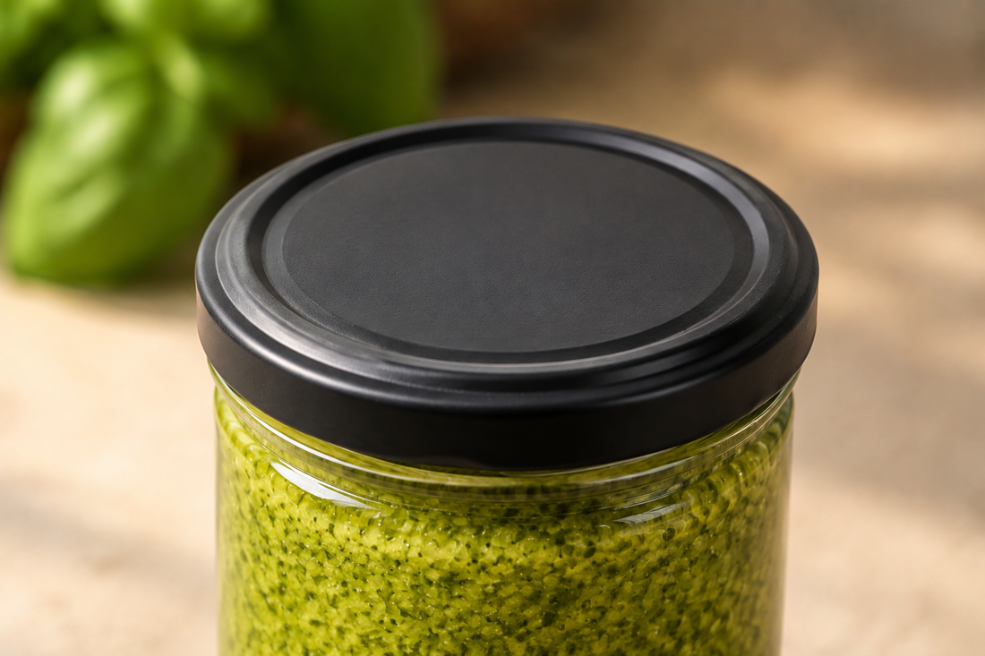 Nahaufnahme eines schwarz-matten Twist-Off-Verschlusses 82 mm auf einem mit grünem Pesto gefüllten Glas