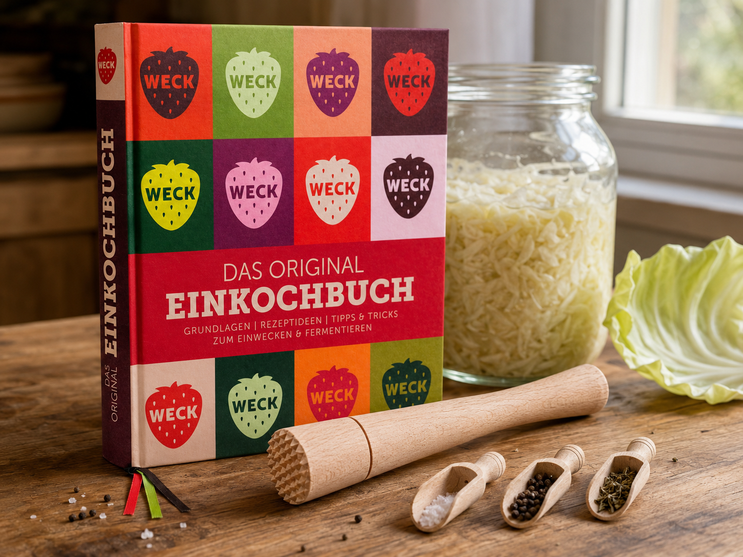 WECK Einkochbuch mit Fermentierglas, Holzstampfer, Gewürzschaufeln und frischem Kohl auf einem Holztisch