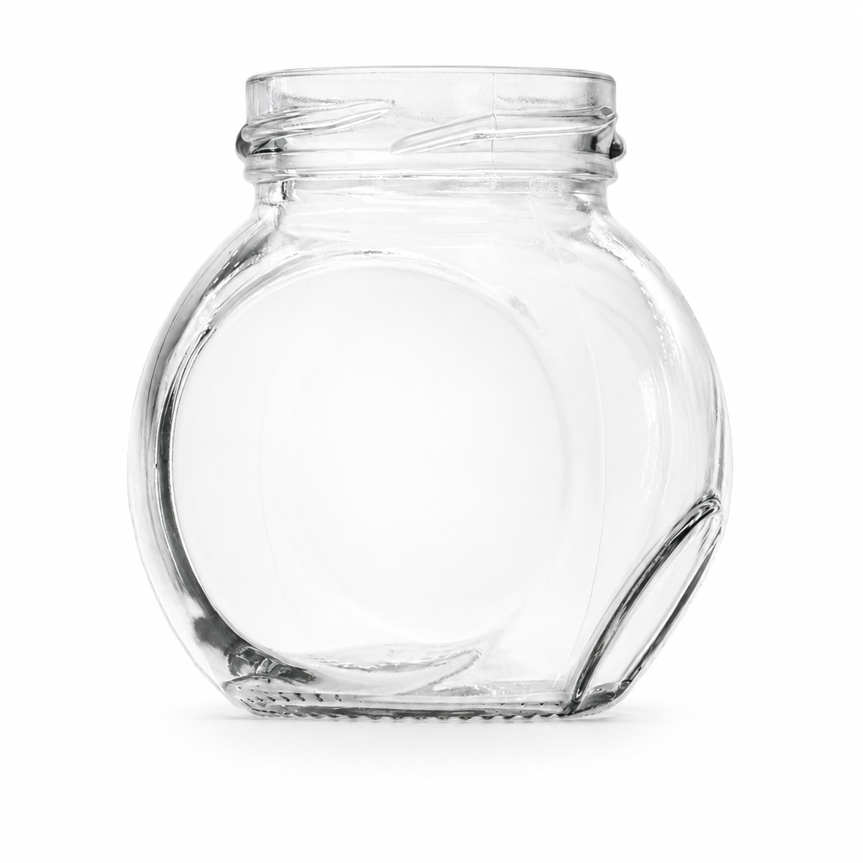 Bonbonglas aus klarem Glas mit rundem, bauchigem Körper, gerader Frontfläche und Twist-off-Mündung, aufrecht stehend dargestellt.