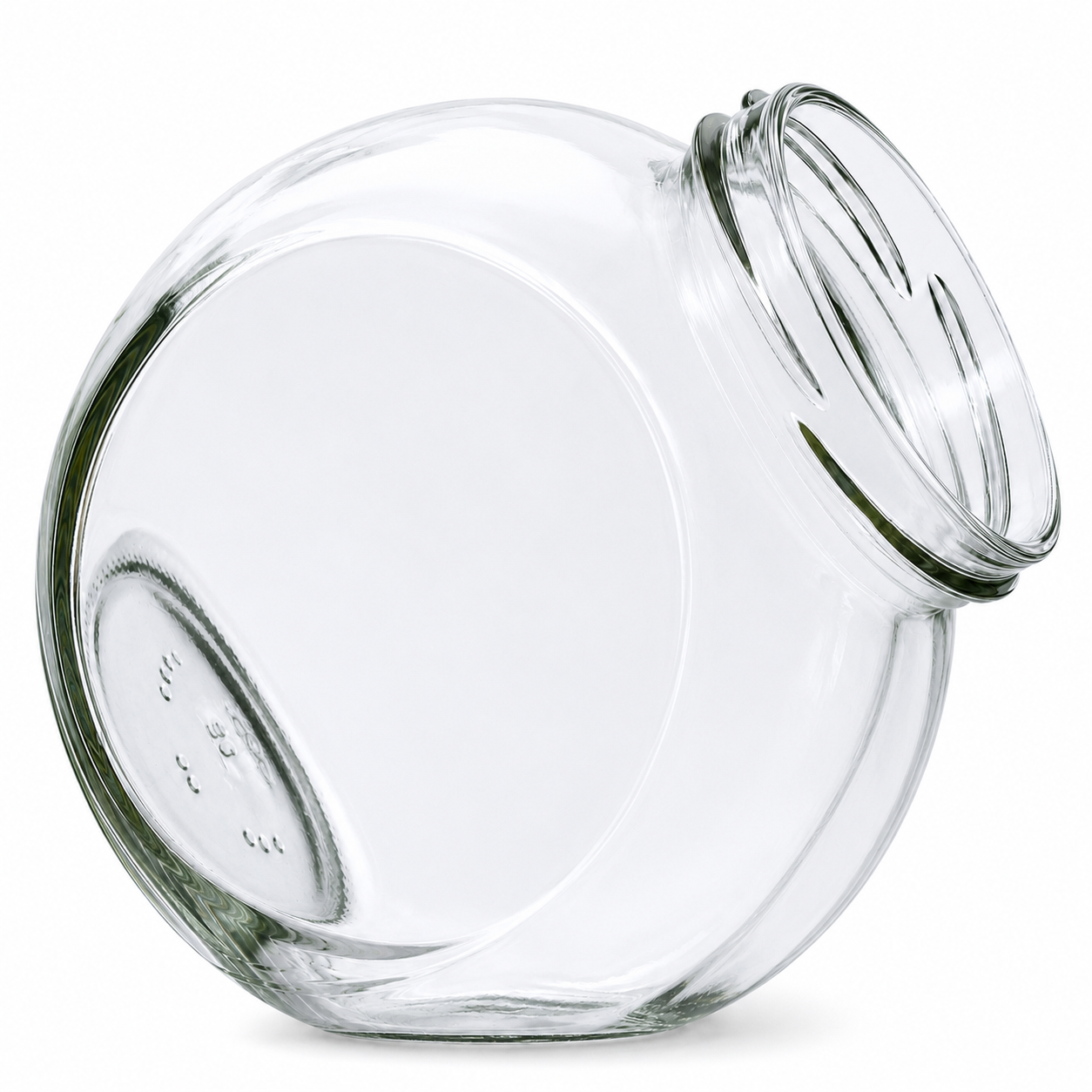 Bonbonglas 395 ml aus klarem Glas mit rundem, bauchigem Körper, gerader Frontfläche und schräg angesetzter Twist-off-Mündung, seitlich liegend dargestellt