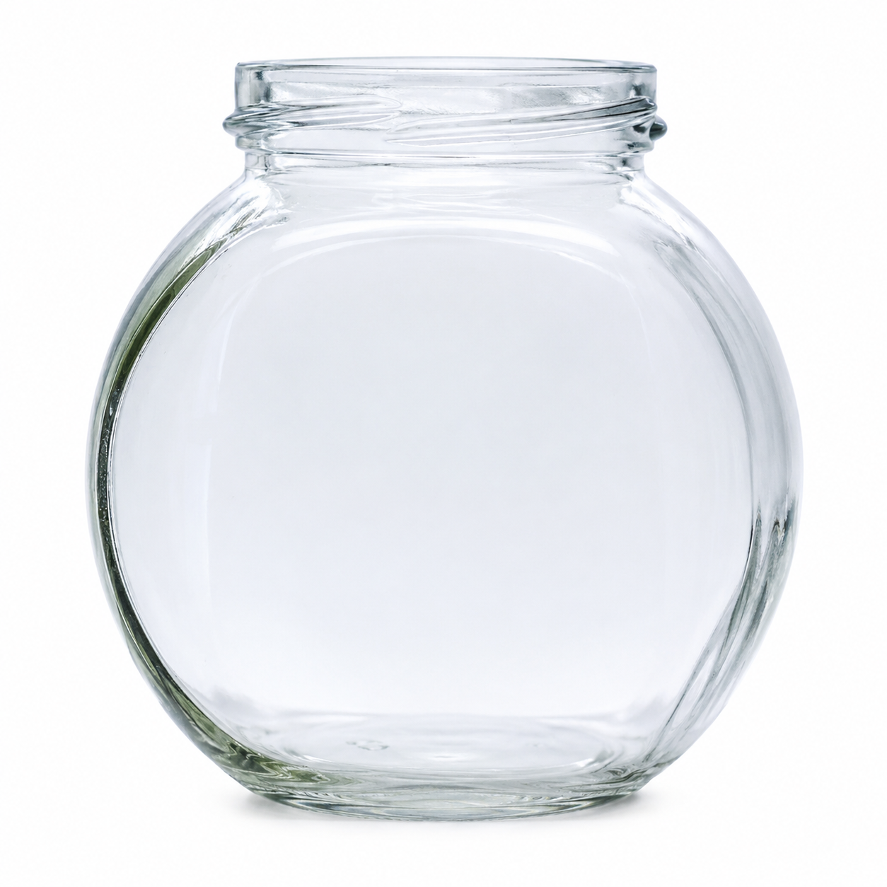 Bonbonglas 395 ml aus klarem Glas mit rundem, bauchigem Körper, gerader Frontfläche und Twist-off-Mündung, aufrecht stehend dargestellt