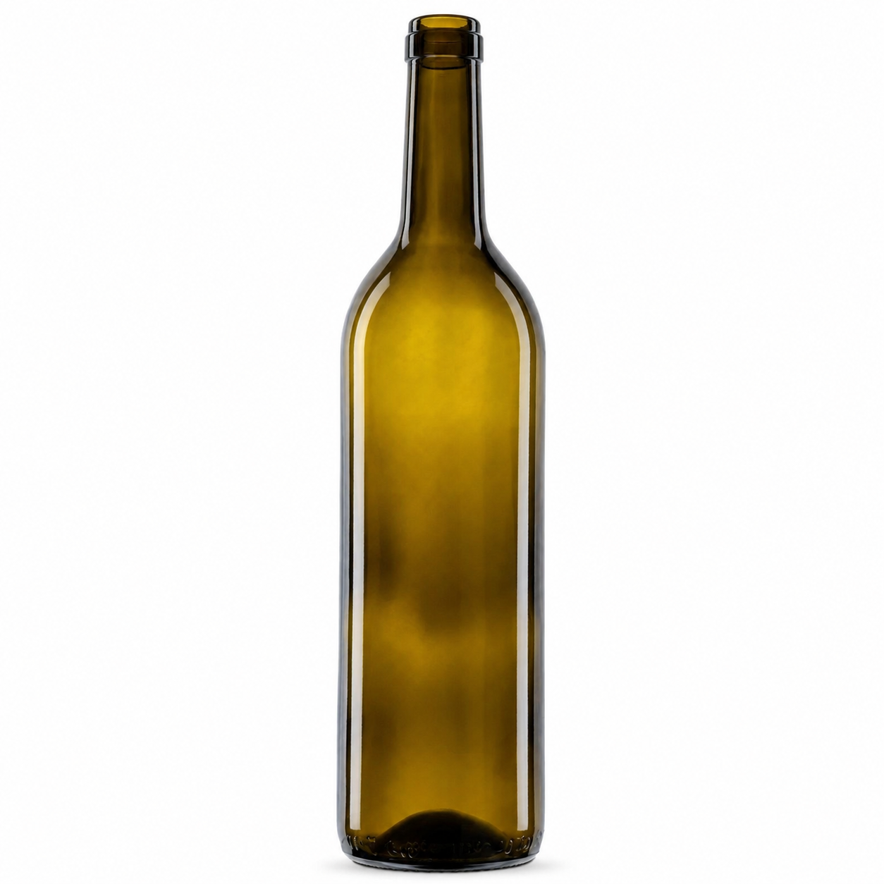Bordeauxflasche 750 ml aus antikgrünem Glas mit geradwandigem Körper, ausgeprägten Schultern, langem Hals und Korkmündung, frontal stehend dargestellt.