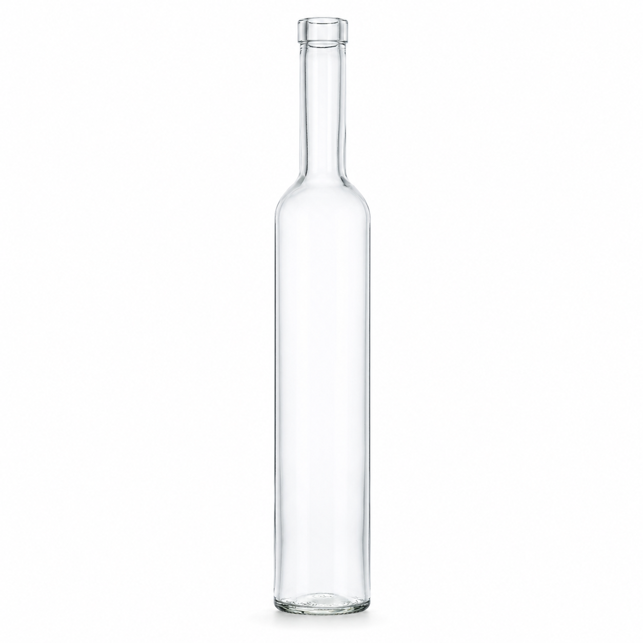 Klare Bordeaux-Elite-Glasflasche 0,5 l mit OBM-Mündung, langem Hals und schlankem Rundkörper auf weißem Hintergrund