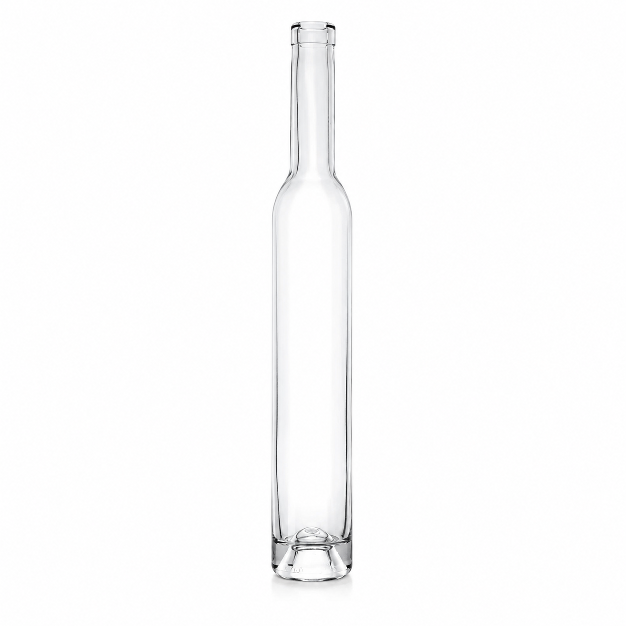Klare, schlanke Bordeaux-Futura-Glasflasche mit langem Hals, OBM-Mündung und markantem Innenboden auf weißem Hintergrund.