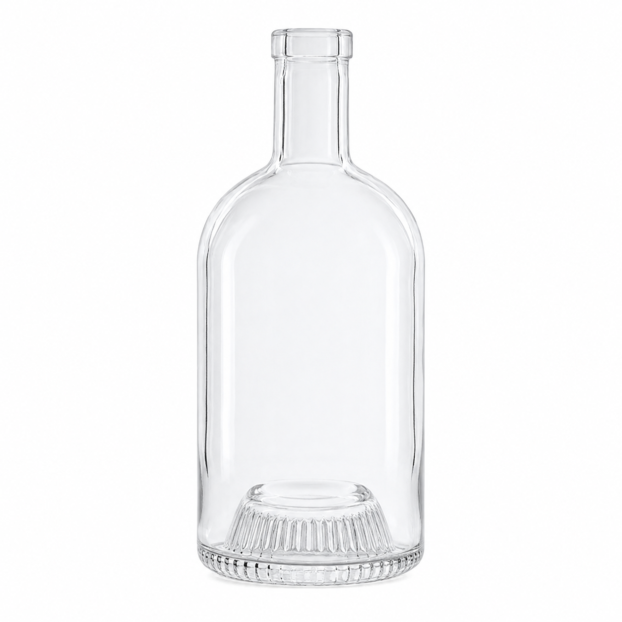 Klare Nocturne-Ribs-Glasflasche 500 ml mit OBB-19-Mündung, gerundetem Körper und geripptem Innenboden auf weißem Hintergrund