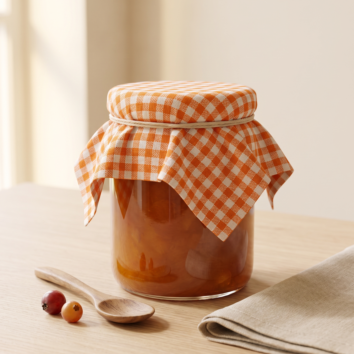 Textildeckchen Karo 12x12 cm Orange auf einem Einmachglas als Anwendungsbeispiel