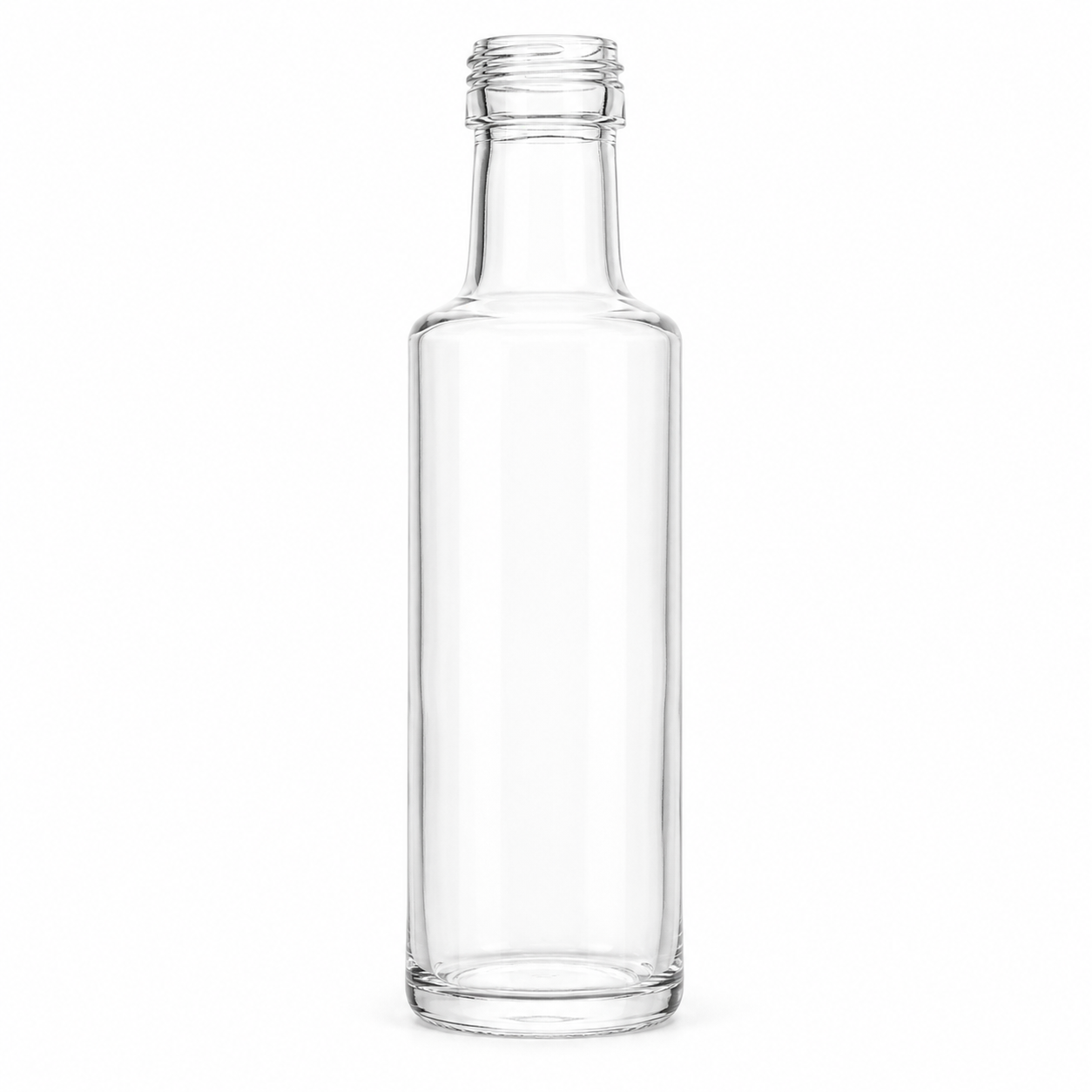 Freigestellte, klare Glasflasche mit schlankem zylindrischem Körper, kurzer Schulter, Schraubmündung und massivem Glasboden auf weißem Hintergrund