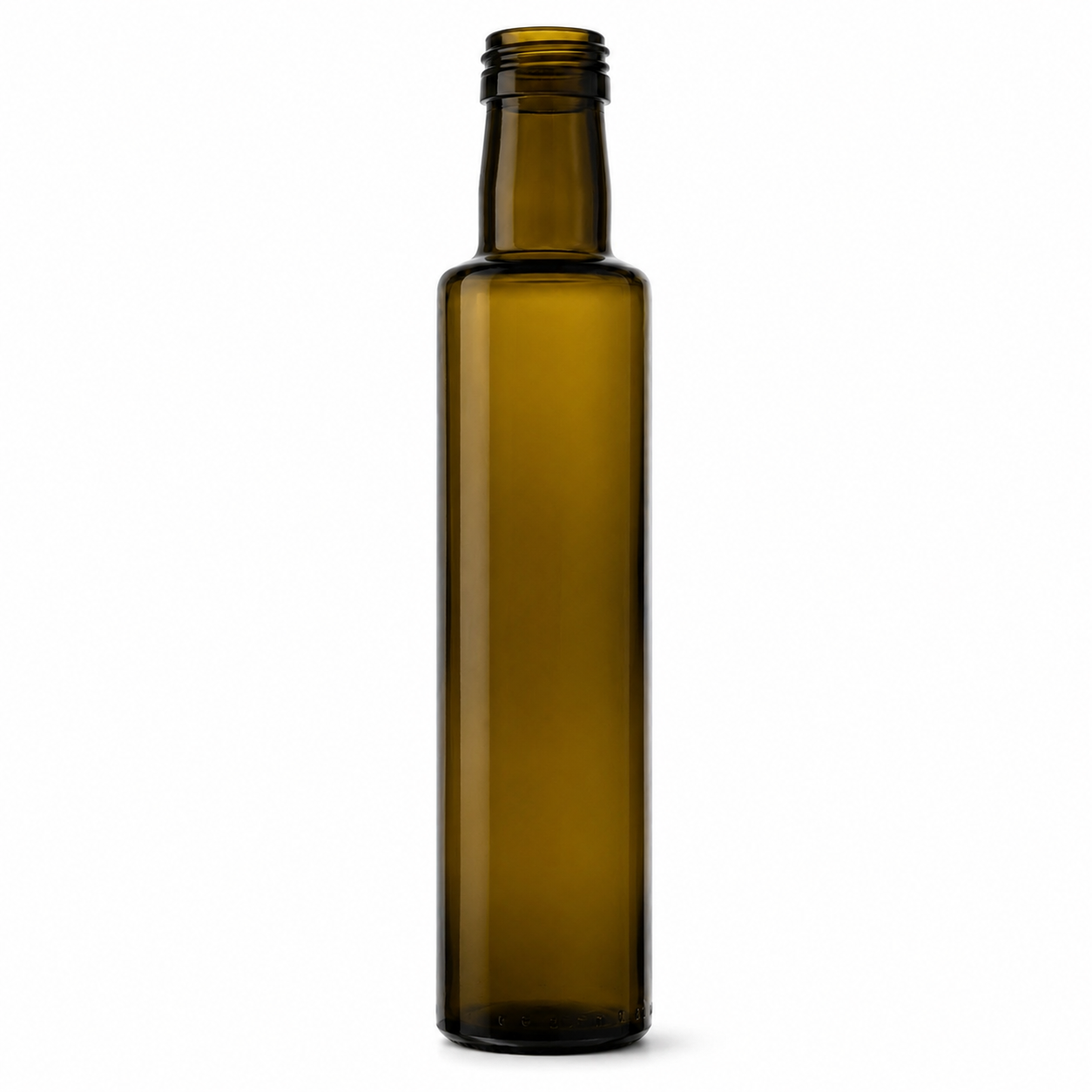 Antikgrüne 250-ml-Dorica-Glasflasche mit schlankem zylindrischem Körper und 31,5-mm-Schraubmündung auf weißem Hintergrund