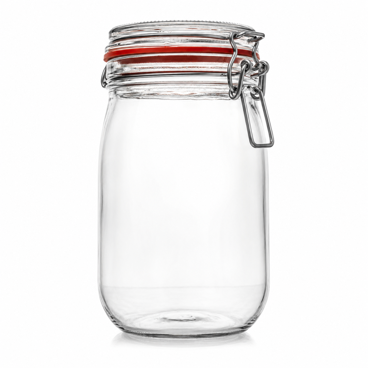 Hohes Drahtbügelglas aus Klarglas mit Glasdeckel, rotem Gummiring und Metallverschluss in Frontansicht