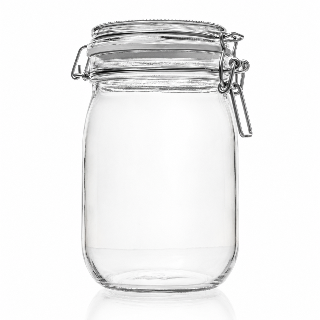 Hohes bauchiges Drahtbügelglas aus Klarglas mit Glasdeckel, hellem Gummiring und Metallverschluss in Frontansicht