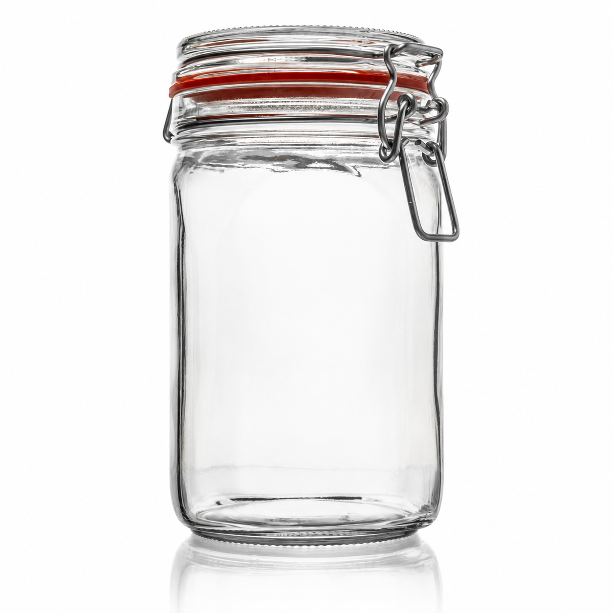 Freigestelltes Drahtbügelglas in aufrechter Frontansicht mit transparentem Glaskörper, rotem Dichtungsring und silberfarbenem Bügelverschluss auf weißem Hintergrund.