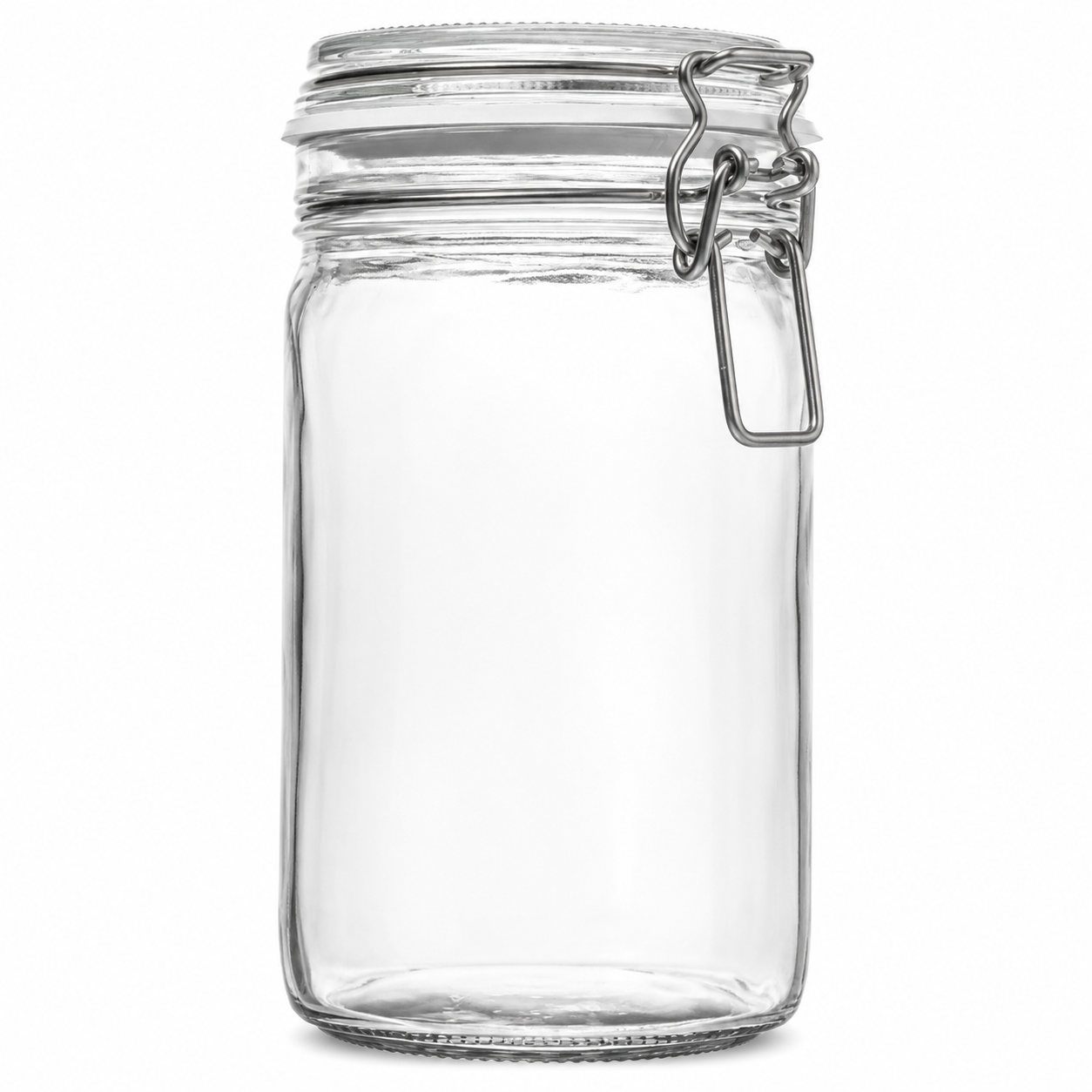 Hohes eckiges Drahtbügelglas aus Klarglas mit Glasdeckel, weißem Gummiring und Metallverschluss in Frontansicht