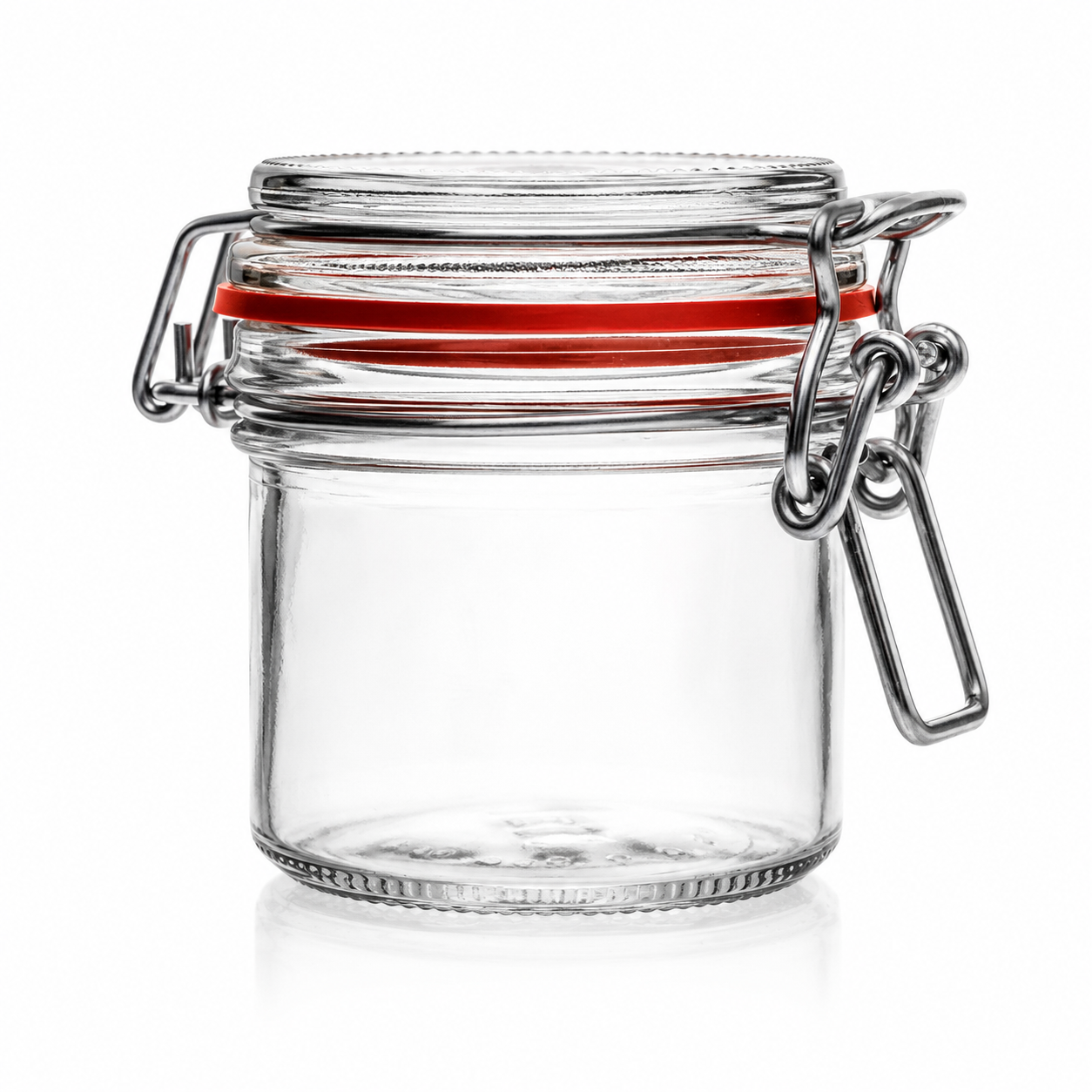 Kleines rundes Drahtbügelglas aus Klarglas mit Glasdeckel, rotem Gummiring und Metallverschluss in Frontansicht