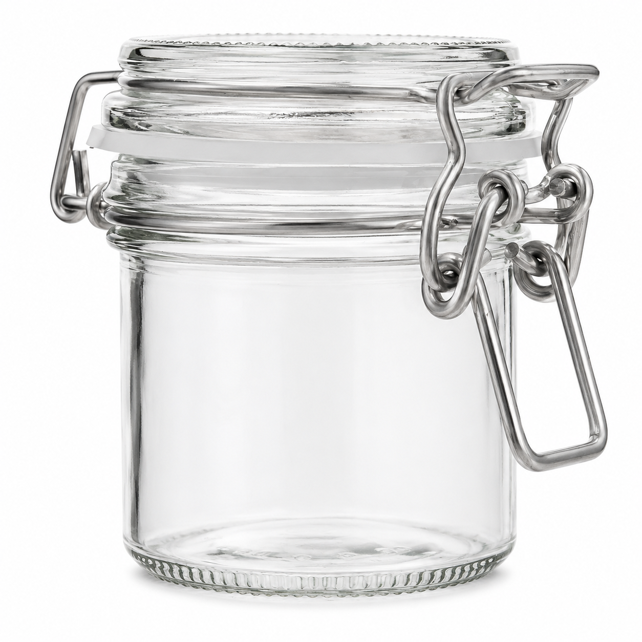 Kleines zylindrisches Drahtbügelglas aus Klarglas mit Glasdeckel, weißem Gummiring und Metallverschluss in Frontansicht