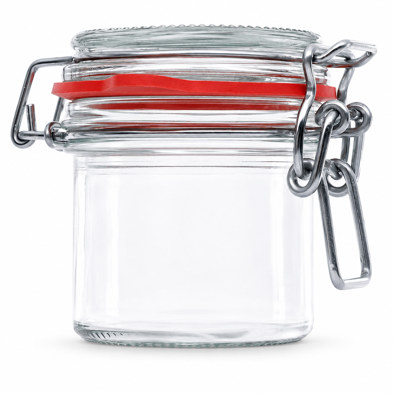 Kleines rundes Drahtbügelglas aus Klarglas mit Glasdeckel, rotem Gummiring und Metallverschluss in Frontansicht