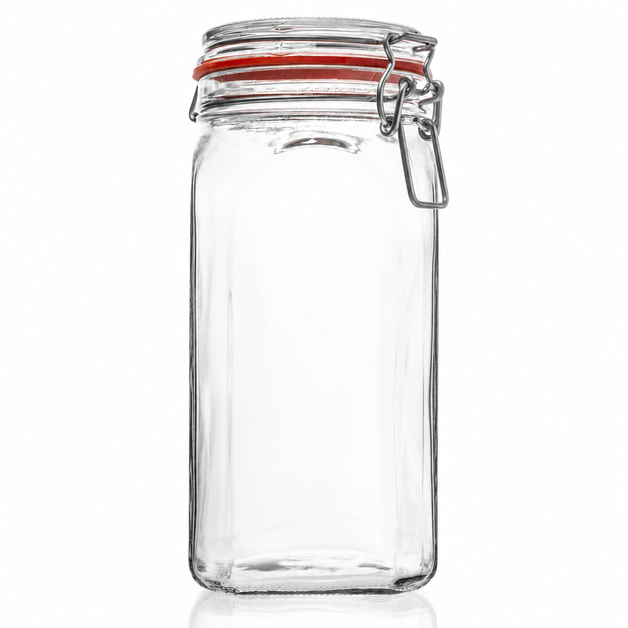 Hohes eckiges Drahtbügelglas aus Klarglas mit Glasdeckel, rotem Gummiring und Metallverschluss in Frontansicht
