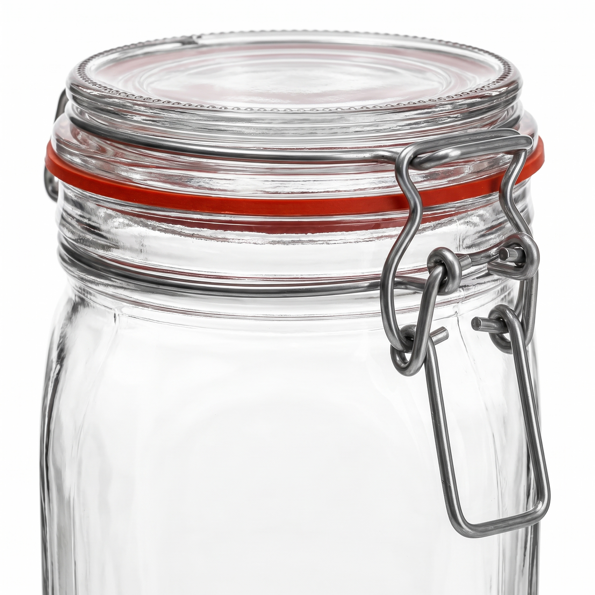 Nahaufnahme von Glasdeckel, rotem Dichtungsring und Drahtbügelverschluss am 1550-ml-Glas