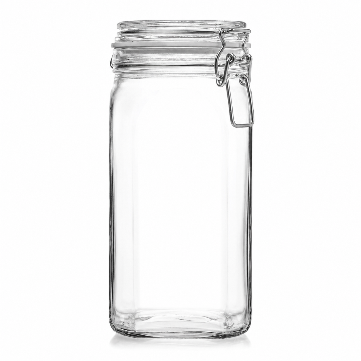Hohes rechteckiges Drahtbügelglas aus Klarglas mit Glasdeckel und Metallverschluss in Frontansicht