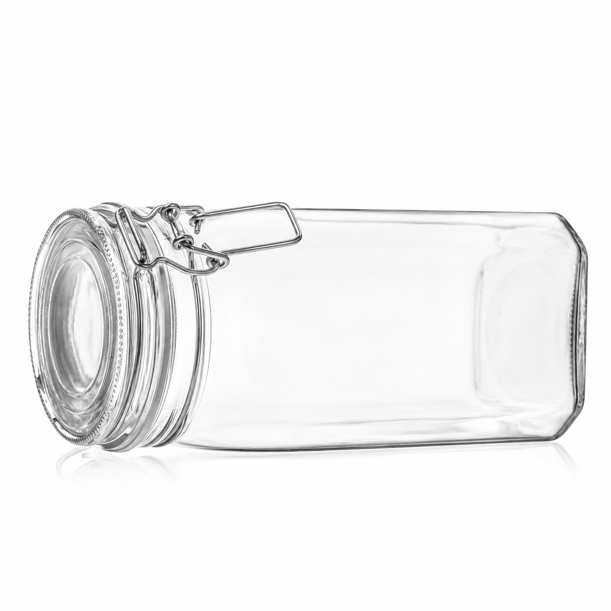 Liegendes hohes Drahtbügelglas aus Klarglas mit geschlossenem Glasdeckel und Metallbügelverschluss