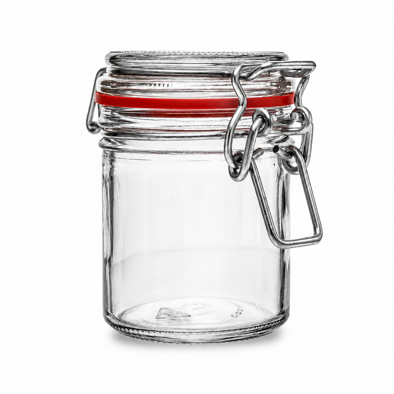 Kleines Vorratsglas aus Klarglas mit roter Dichtung, Glasdeckel und markantem Bügelverschluss in gerader Produktansicht.
