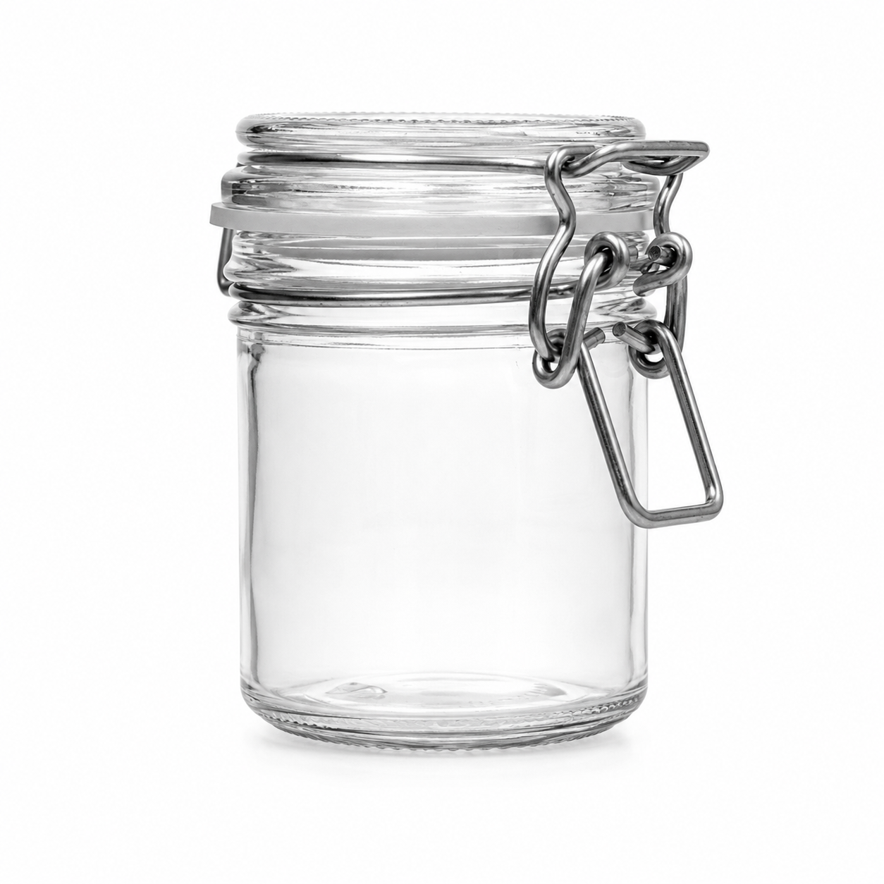 Kompaktes Drahtbügelglas aus transparentem Glas mit weißem Dichtungsring und seitlichem Metallverschluss, freigestellt in Frontalansicht auf hellem Hintergrund.