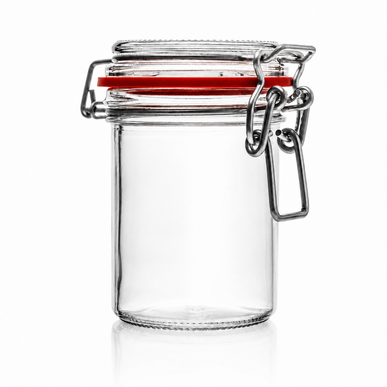 Kleines zylindrisches Drahtbügelglas aus Klarglas mit Glasdeckel, rotem Gummiring und Metallverschluss in Frontansicht