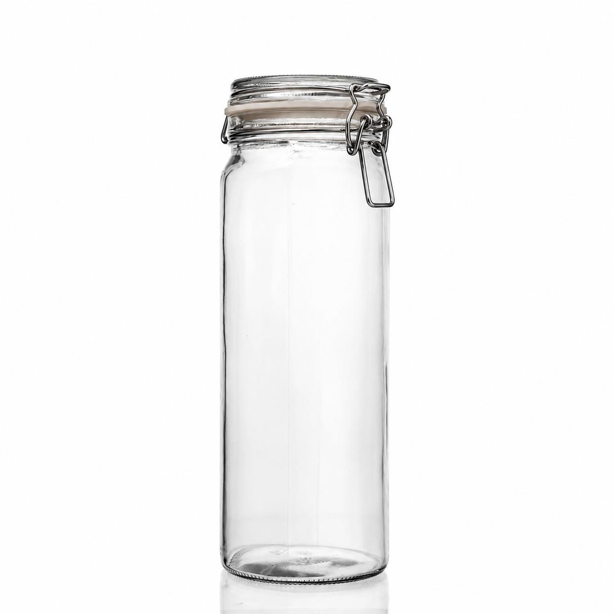 Hohes zylindrisches Drahtbügelglas aus Klarglas mit Glasdeckel, hellem Gummiring und Metallverschluss in Frontansicht