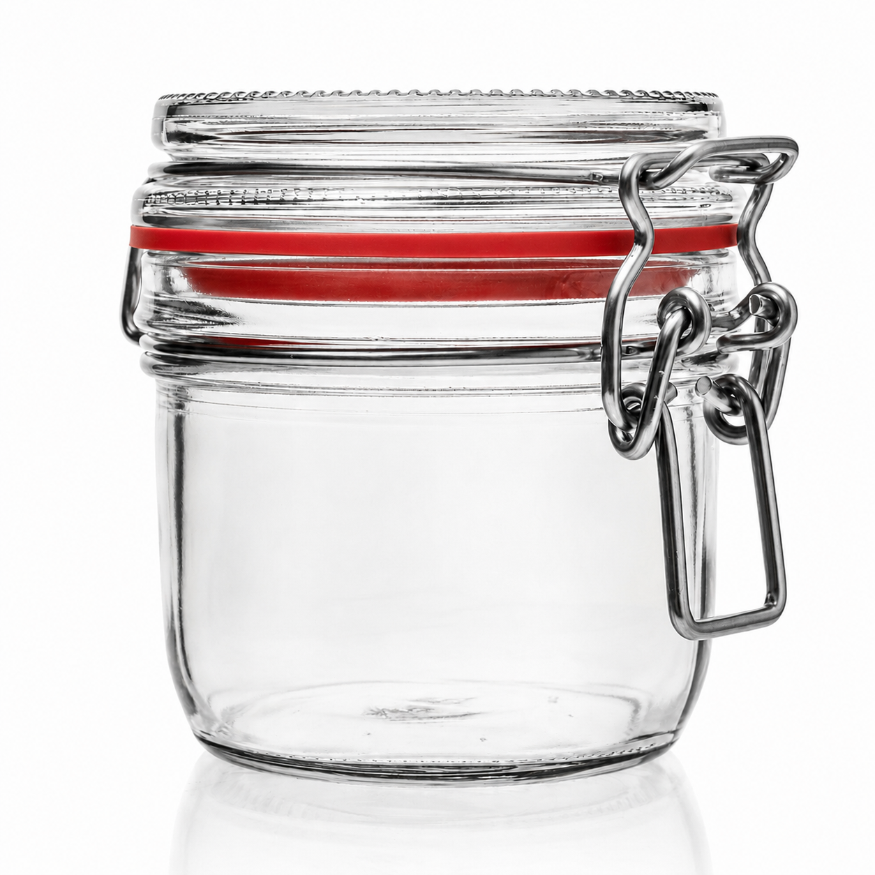 Kleines rundes Drahtbügelglas aus Klarglas mit Glasdeckel, deutlich sichtbarem rotem Gummiring und Metallbügelverschluss in Frontansicht