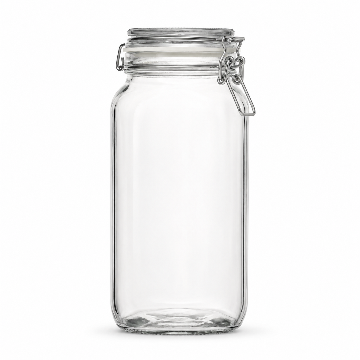 Hohes eckiges Drahtbügelglas aus Klarglas mit Glasdeckel, weißem Gummiring und Metallverschluss in Frontansicht
