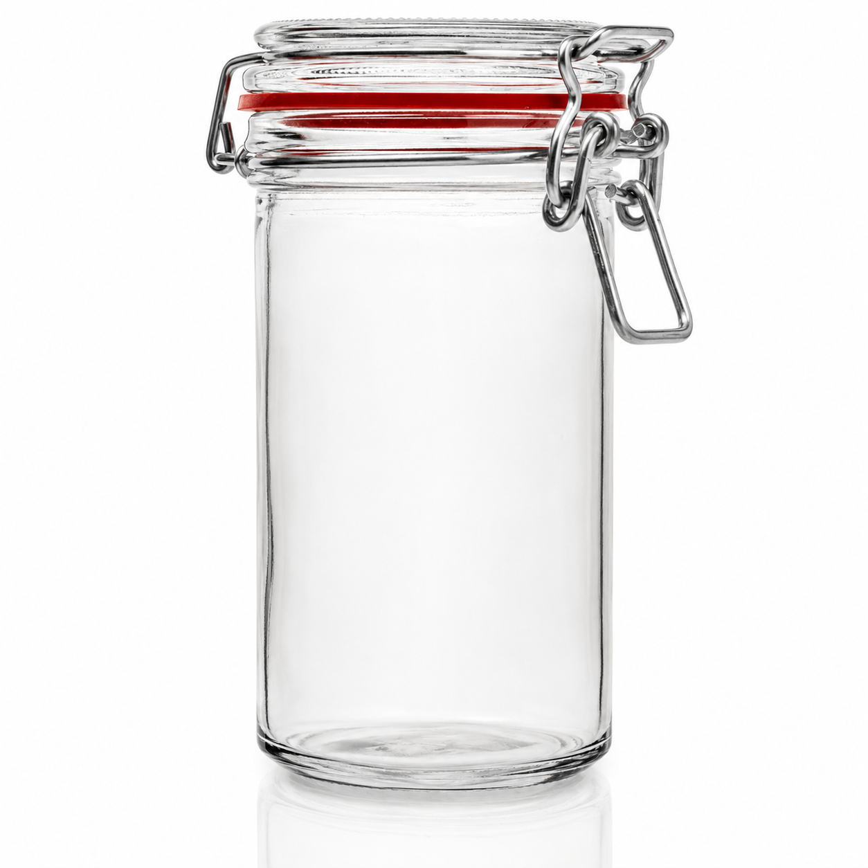 Hohes zylindrisches Drahtbügelglas aus Klarglas mit Glasdeckel, rotem Gummiring und Metallverschluss in Frontansicht
