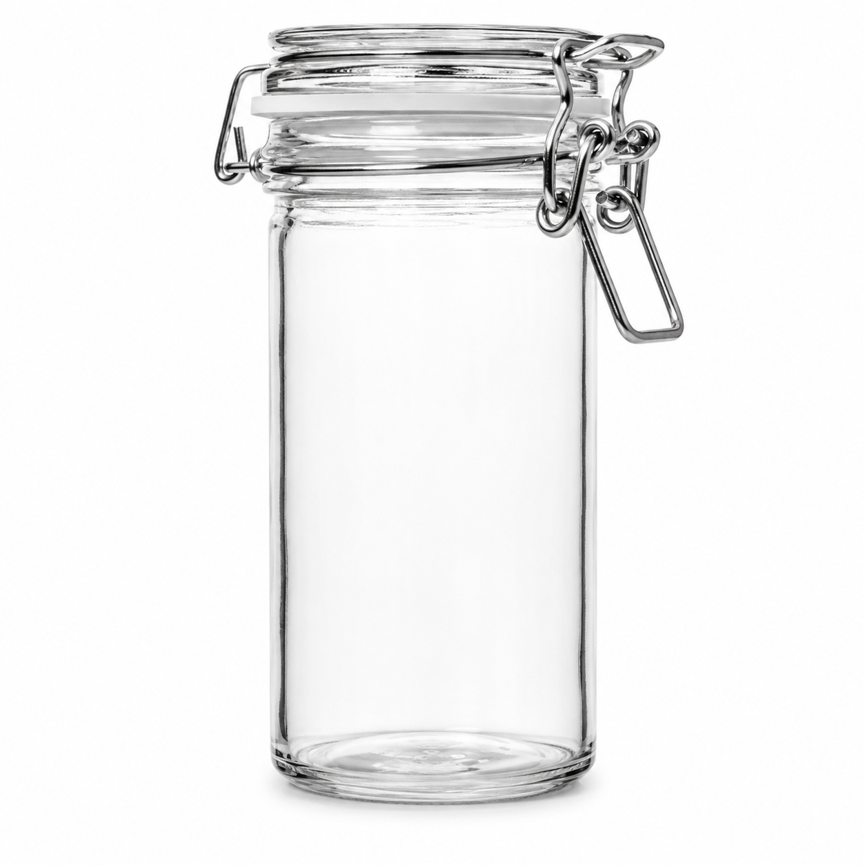 Hohes zylindrisches Drahtbügelglas aus Klarglas mit Glasdeckel, weißem Gummiring und Metallverschluss in Frontansicht
