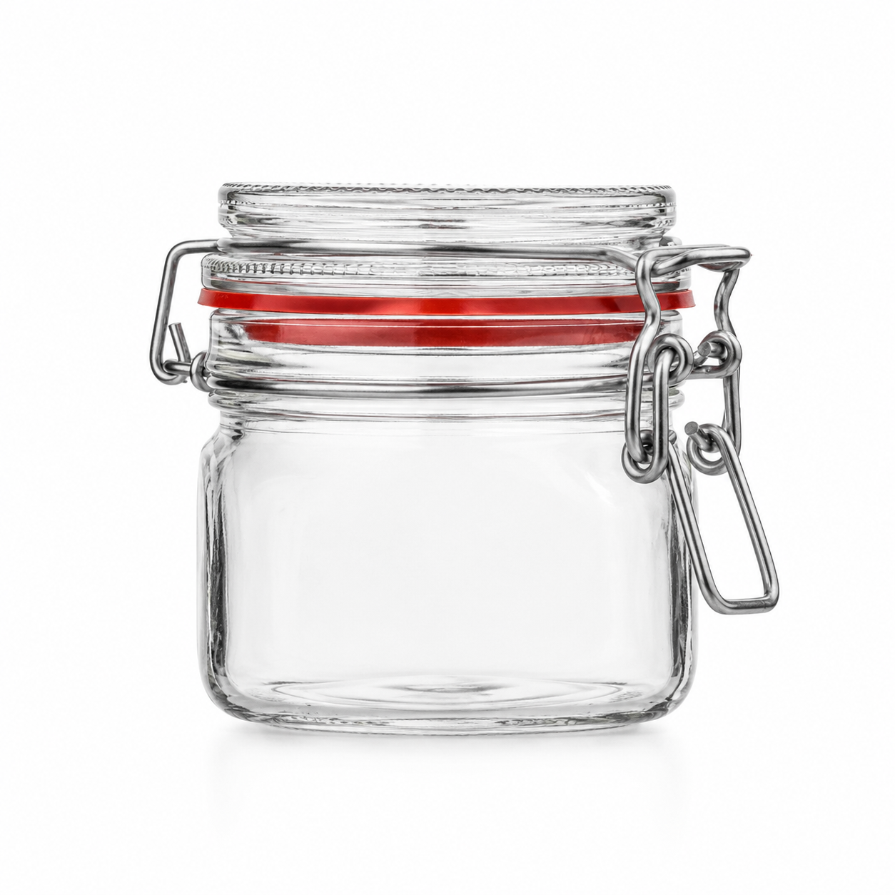 Kleines quadratisches Drahtbügelglas aus Klarglas mit Glasdeckel, rotem Gummiring und Metallverschluss in Frontansicht