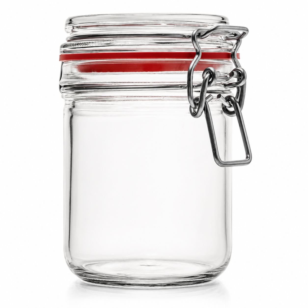 Zylindrisches Drahtbügelglas aus Klarglas mit Glasdeckel, rotem Gummiring und Metallverschluss in Frontansicht