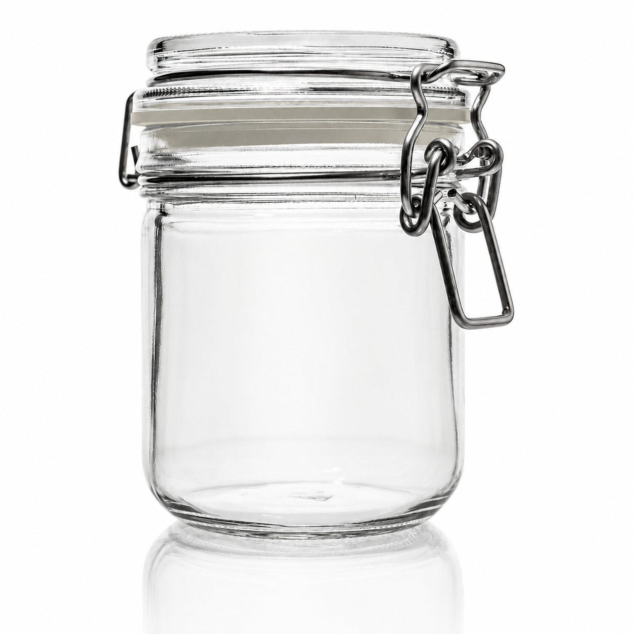Zylindrisches Drahtbügelglas aus Klarglas mit Glasdeckel, hellem Gummiring und Metallverschluss in Frontansicht