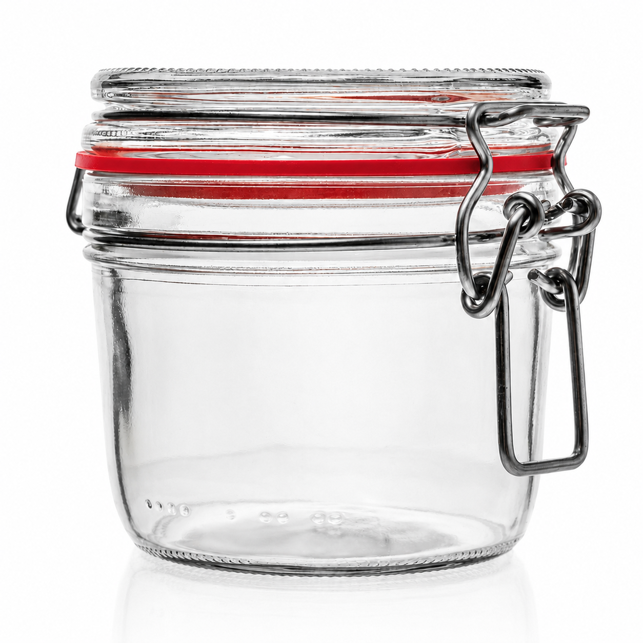 Rundes Drahtbügelglas aus Klarglas mit Glasdeckel, rotem Gummiring und Metallverschluss in Frontansicht