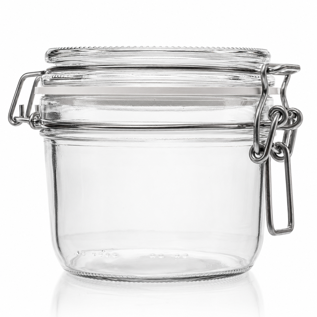 Rundes Drahtbügelglas aus Klarglas mit Glasdeckel, weißem Gummiring und Metallverschluss in Frontansicht