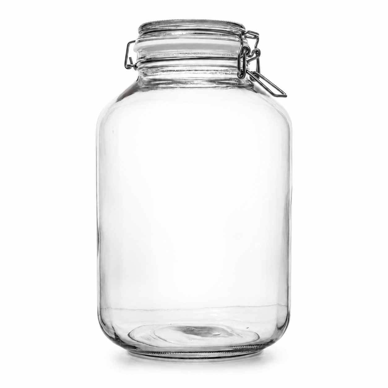 Großes Drahtbügelglas aus Klarglas mit Glasdeckel, weißem Gummiring und Metallverschluss in Frontansicht