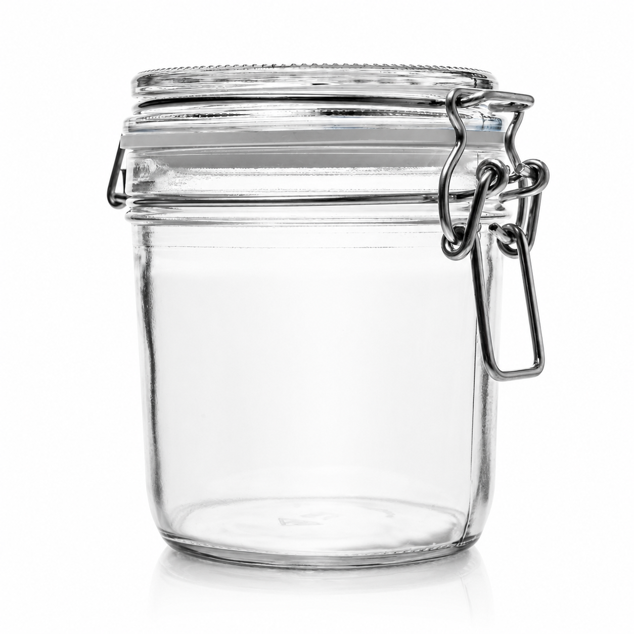 Klares Vorratsglas mit Drahtbügelverschluss und weißem Dichtungsring, freigestellt auf weißem Hintergrund in frontaler Produktansicht.
